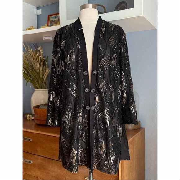 Misook Sequin Mesh Duster Jacket Black Gold Size PXL - Picture 1 of 12
